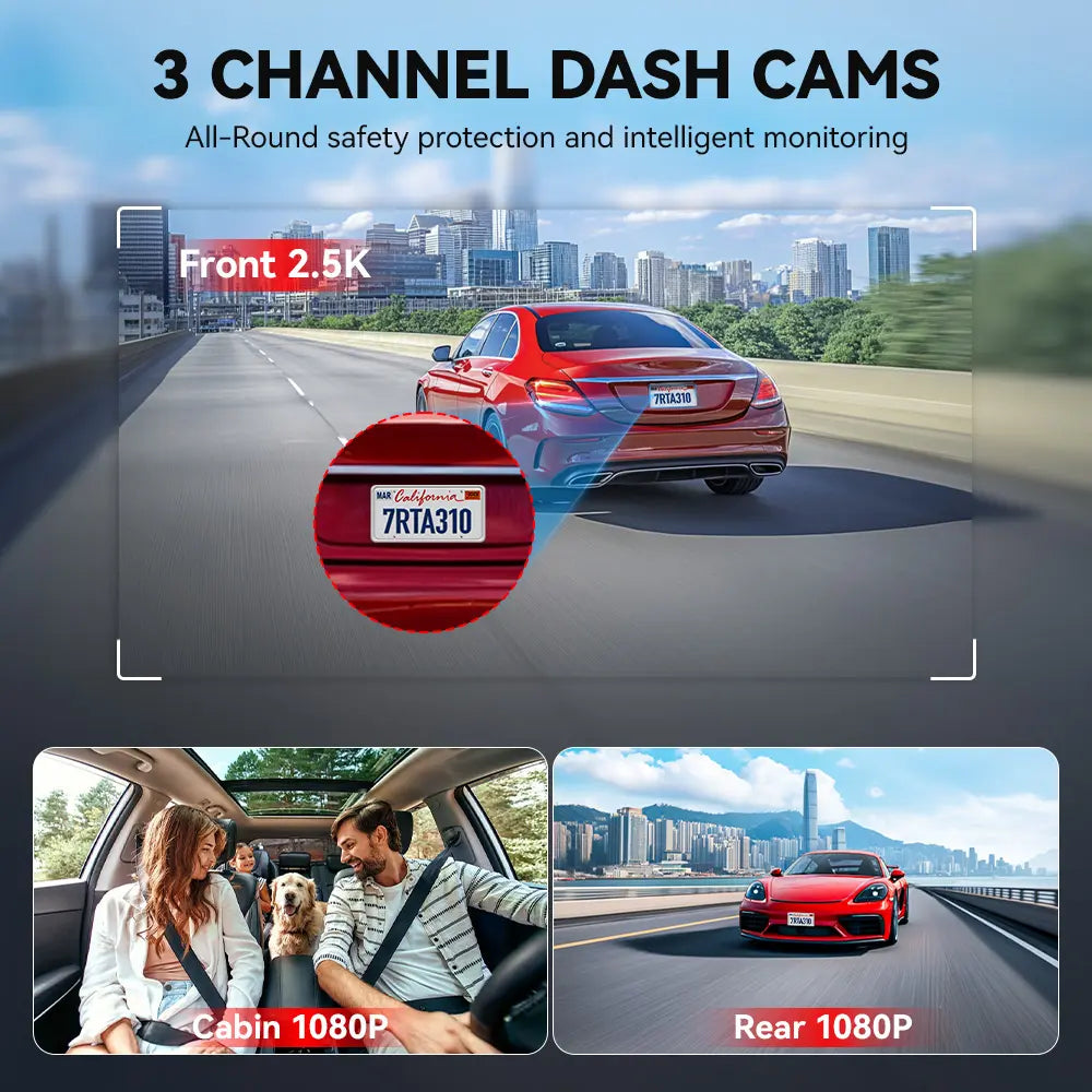 A3 3 Channel WiFi Dash Cam Front and Rear Inside with 32G SD Card( No SD Card Option In A Better Deal ), 2.5K+1080P+1080P Car Dash Camera for CarsFront and Rear, G-Sensor, 24H Parking Mode, Car rvibe, Car VLOG
