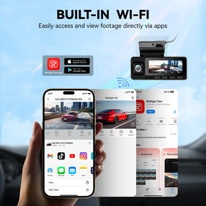 A3 3 Channel WiFi Dash Cam Front and Rear Inside with 32G SD Card( No SD Card Option In A Better Deal ), 2.5K+1080P+1080P Car Dash Camera for CarsFront and Rear, G-Sensor, 24H Parking Mode, Car rvibe, Car VLOG
